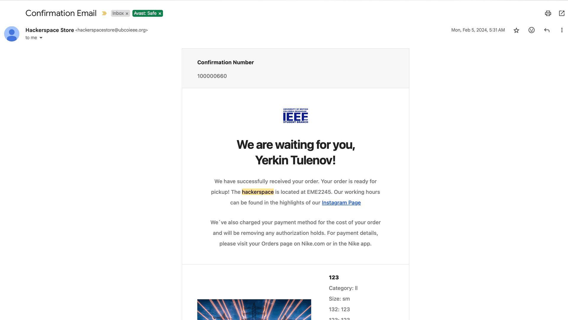 #6: Confirmation Email #1